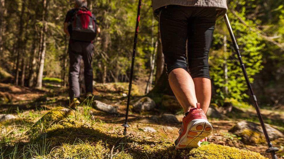 Frau und Mann beim Nordic-Hill-Walking im Wald Frau und Mann beim Nordic-Hill-Walking im Wald