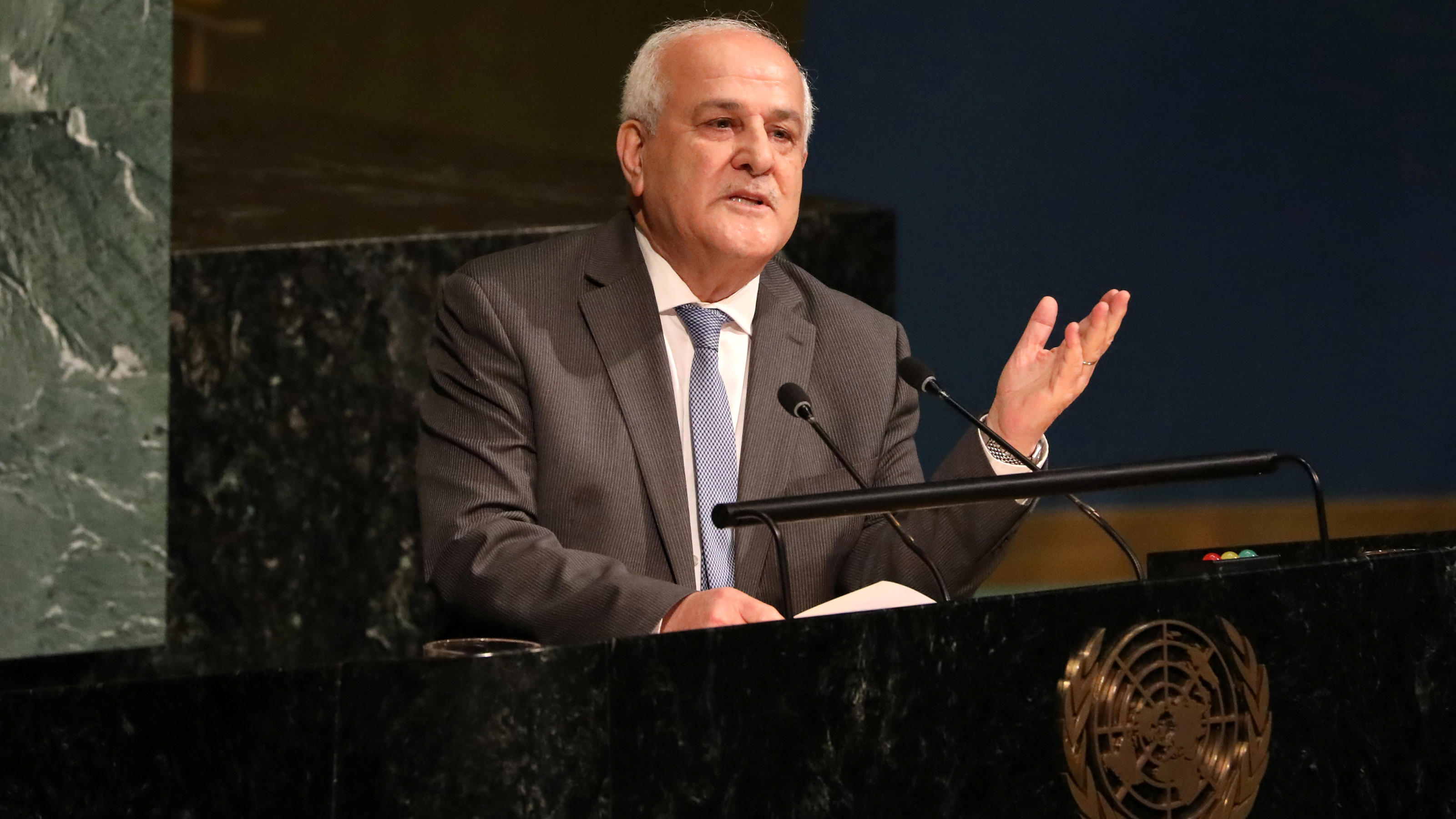 Resolution gegen Israel verabschiedet: UNO will Gewalt im Gaza-Streifen stoppen Palestinian Ambassador to the United Nations Riyad Mansour addresses a United Nations General Assembly meeting ahead of a vote on a draft resolution that would deplore the use of excessive force by Israeli troops against Palestinian civilians at U.N.