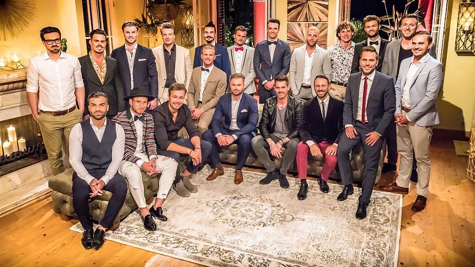 Die Bachelorette 2018: Wer ist im Rennen um Nadine wann ausgeschieden? Diese Männer wollen das Herz der Bachelorette erobern. (hinten v.l.: Stefan, Manuel, Alex, Sascha, Dave, Vadim, Maxim, Filip, Eddy, Daniel, Chris und Sören. vorne v.l.: Raffi, Andreas, Dennis, Jan, Kevin, Brain, Jorgo und Kai)