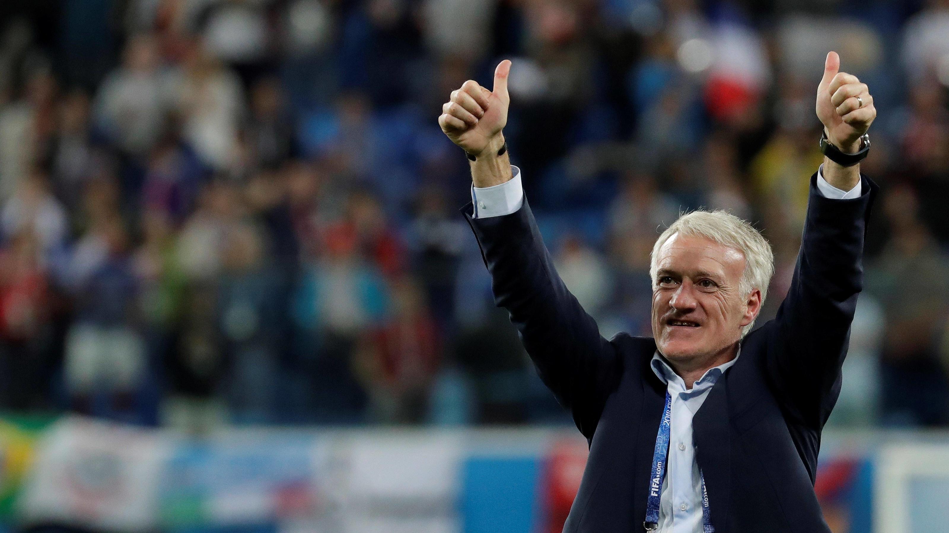 La Grande Fußball-Nation: Frankreich nach Sieg gegen Belgien im WM-Finale French coach Didier Deschamps celebrates at the end of the FIFA World Cup WM Weltmeisterschaft Fussball 2018 semi-finals soccer match between France and Belgium, at Saint Petersburg Stadium, Russia, 10 July 2018. FRANCE VS. BELGIUM !ACHTUNG: NUR REDA