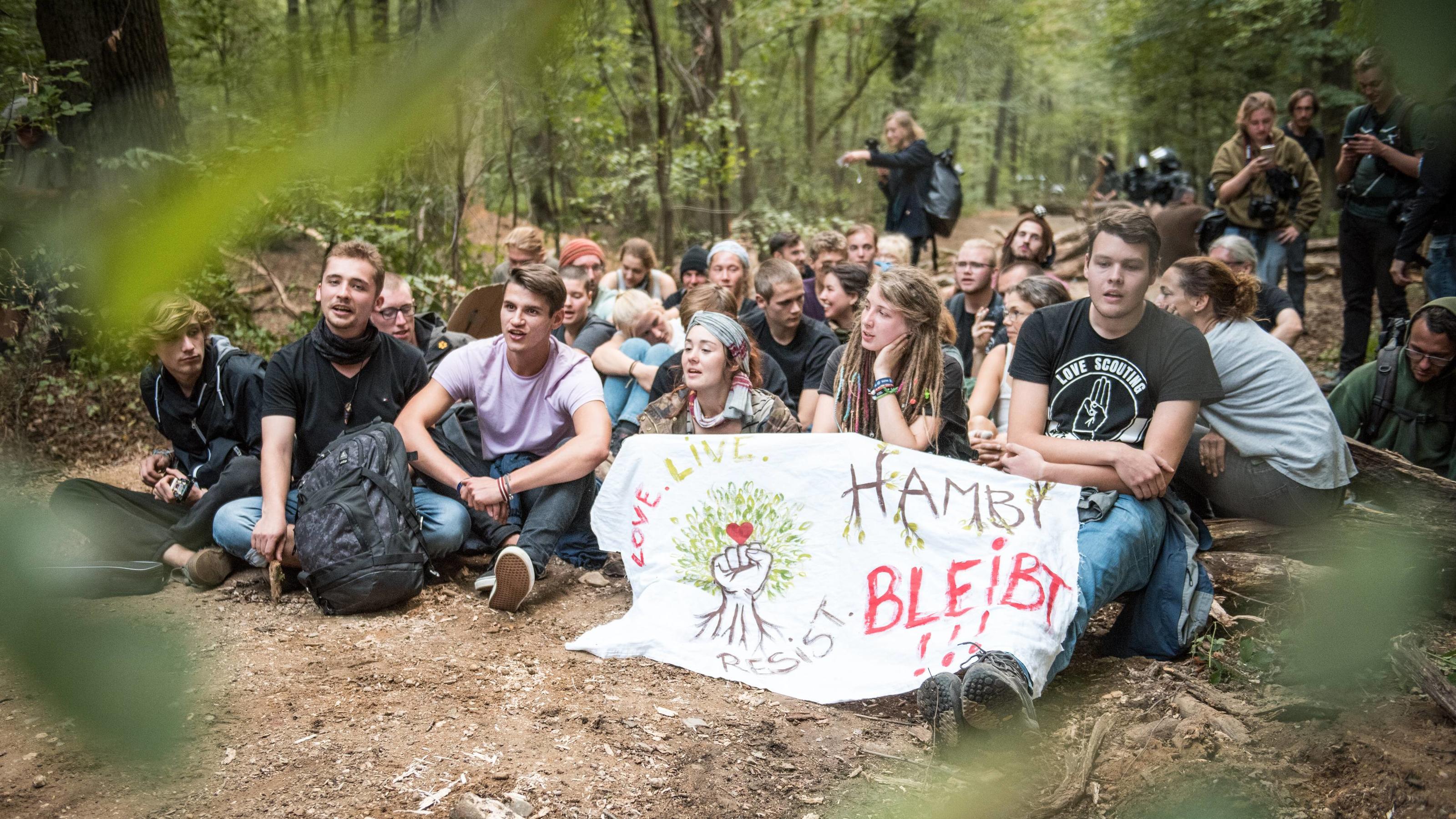 Nach Todes-Sturz im Hambacher Forst: Aktivisten erneuern Vorwürfe gegen Polizei Waldspaziergang im Hambacher Forst & ziviler Ungehorsam Aktivisten mit Transparent: Hambi bleibt! blockieren eine Straße im Wald. *** Forest walk in the Hambacher Forst civil disobedience activists with transparent Hambi remains blocking a road in th