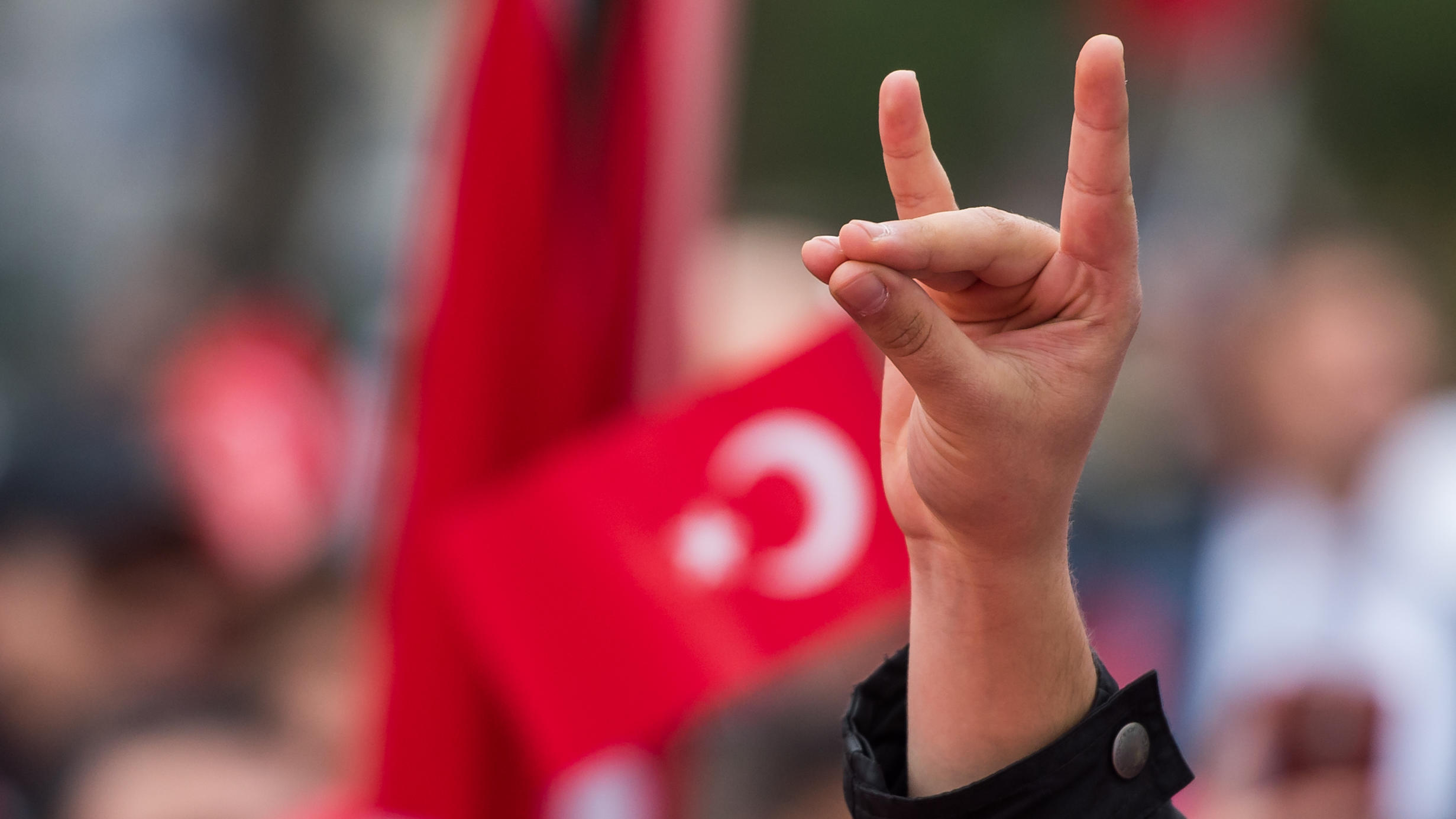 Umstrittene Geste türkischer Nationalisten: CDU- und Linke-Politiker wollen "Wolfsgruß" verbieten Wolfsgruß vor türkischer Flagge