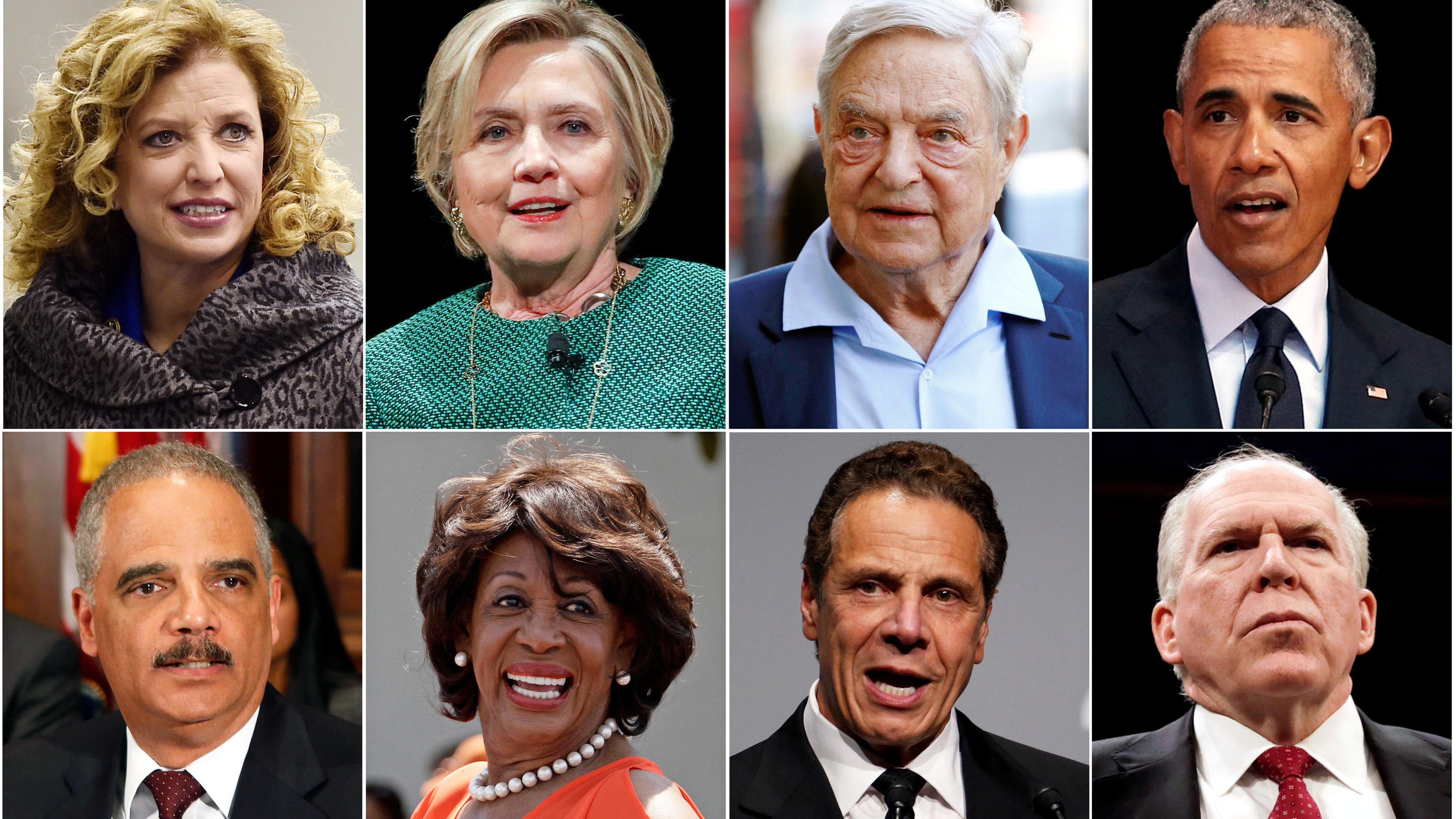 Die große Frage nach der Briefbomben-Serie in den USA: Wer steckt hinter dem Anschlagsversuch? (Top L-R) U.S. Representative Debbie Wasserman Schultz, former Democratic presidential candidate Hillary Clinton, Democratic Party donor George Soros and former U.S. President Barack Obama are pictured along with (Bottom L-R) former U.S. Attorney Gen