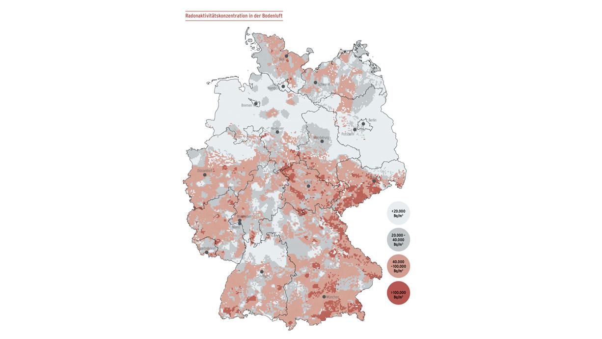 Bundesamt für Strahlenschutz warnt vor Radon-Gefahr Karte "Radon-Konzentration im Boden"