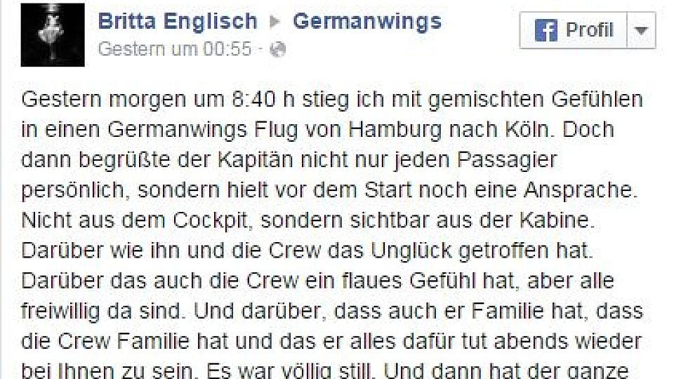 Nach Flugzeugunglück: Passagierin bedankt sich bei Germanwings-Piloten Nach Flugzeugunglück: Passagierin bedankt sich bei Germanwings-Piloten