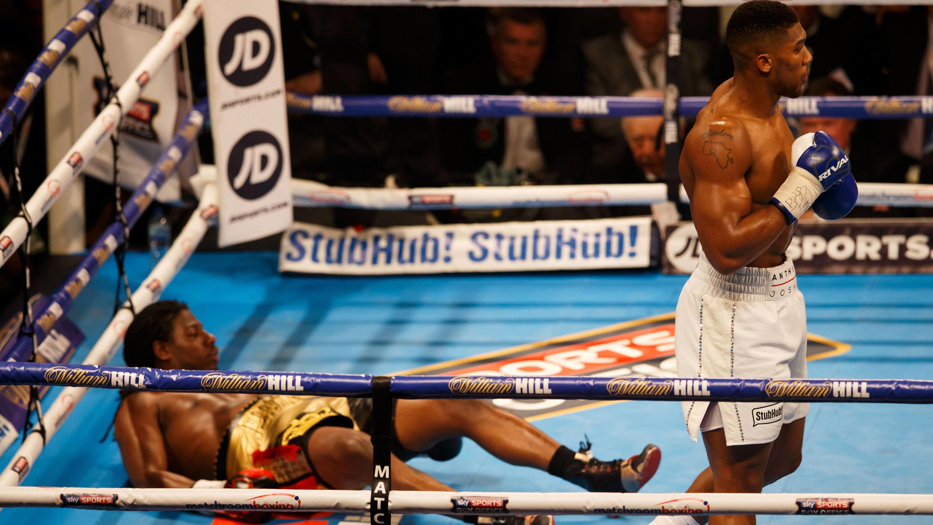 Anthony Joshua im Porträt ANTHONY JOSHUA knocks CHARLES MARTIN to the floor during the IBF World Heavyweight title at the O2 Arena, London on April 9th 2016 / Boxing - Martin v Joshua - 9/4/2016 Boxing - IBF Heavyweight Championship - Charles Martin v Anthony Joshua O2 Arena,