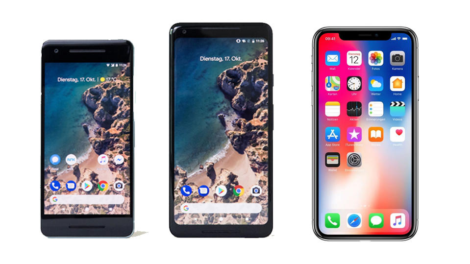 Apple vs. Google: Die Smartphone-Flaggschiffe Pixel 2, Pixel 2 XL und iPhone X bei Stiftung Warentest Die Google Smartphones Pixel 2 und Pixel 2 XL im Vergleich zu Apples iPhone X.