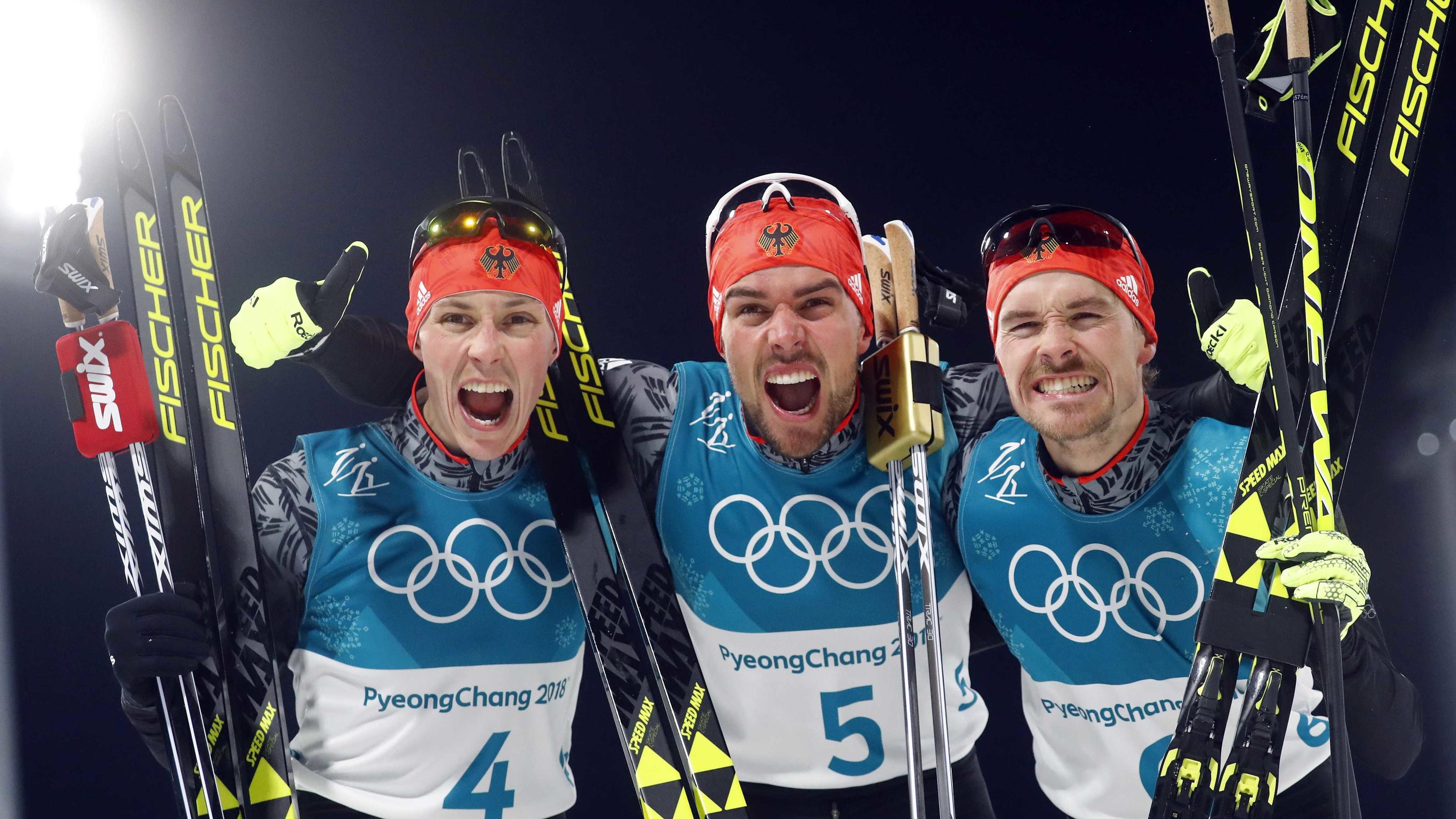 Deutscher Dreifach-Triumph in der Nordischen Kombination - Gold für Johannes Rydzek Nordic Combined Events - Pyeongchang 2018 Winter Olympics - Men's Individual 10 km Final - Alpensia Cross-Country Skiing Centre - Pyeongchang, South Korea - February 20, 2018 - Eric Frenzel of Germany, Johannes Rydzek of Germany and Fabian Riessle of