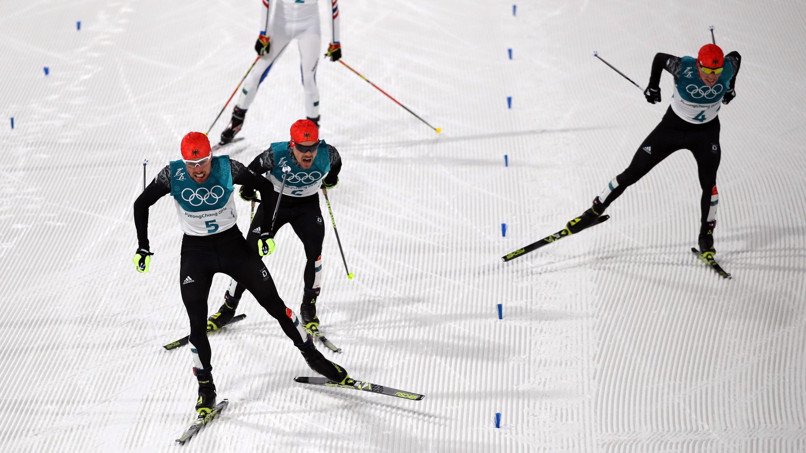 Deutscher Dreifach-Triumph in der Nordischen Kombination - Gold für Johannes Rydzek Nordic Combined Events - Pyeongchang 2018 Winter Olympics - Men's Individual 10 km Final - Alpensia Cross-Country Skiing Centre - Pyeongchang, South Korea - February 20, 2018 - Johannes Rydzek of Germany, Fabian Riessle of Germany, Eric Frenzel of Ge