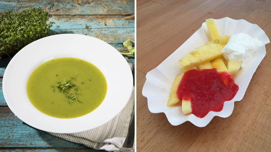 Leckere Gemüsesuppe und gesunde Früchte-Pommes Leckere Gemüsesuppe und gesunde Früchte-Pommes