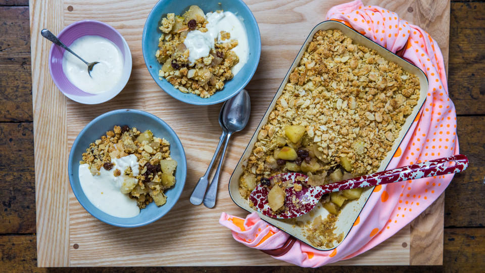 Picture Shows: Five spice apple crumble  with ginger creme fraiche