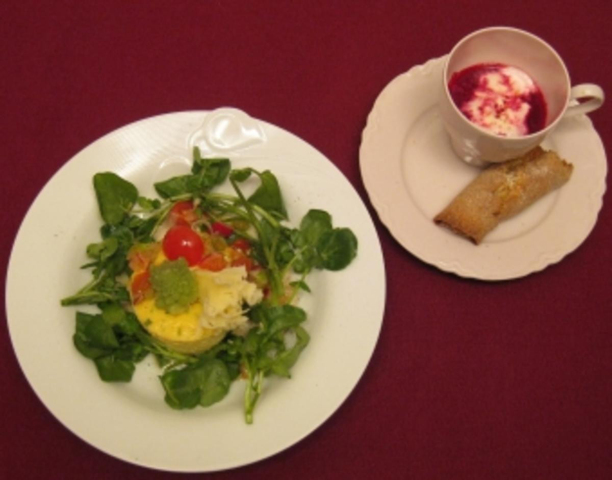 Blumenkohl-Parmesanflan, Rotes Rübensüppchen und Nuss-Strudel