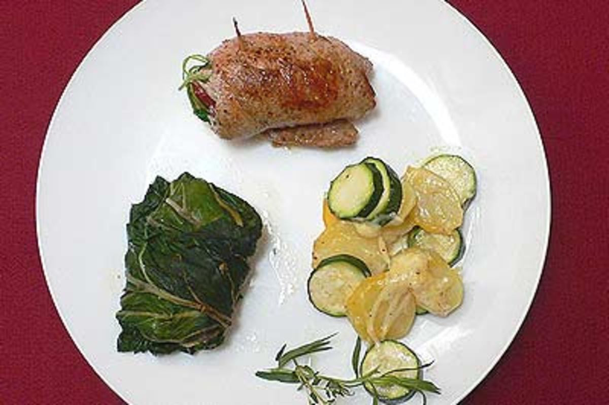Involtini alla verde, Kartoffel-Zucchini-Gratin und Mangold-Päckchen