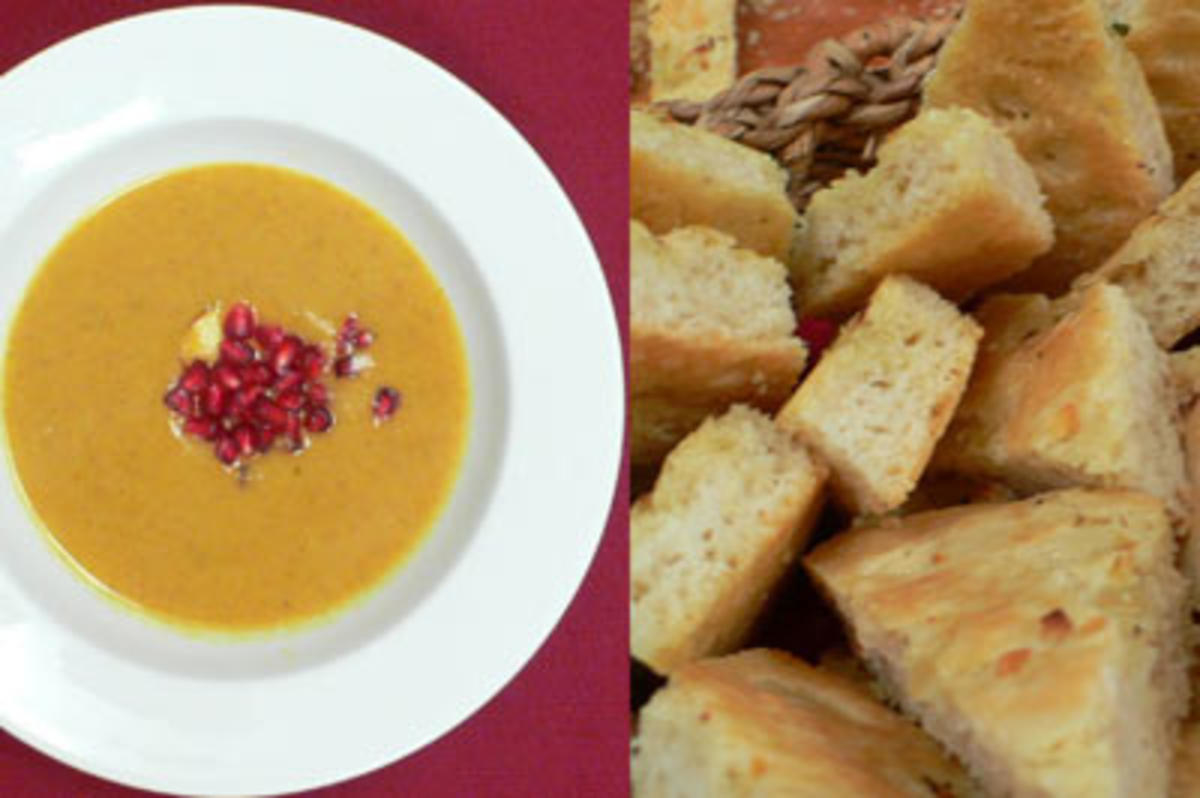 Apfel-Curry-Cremesuppe mit Granatapfelkernen und selbst gemachter Focaccia