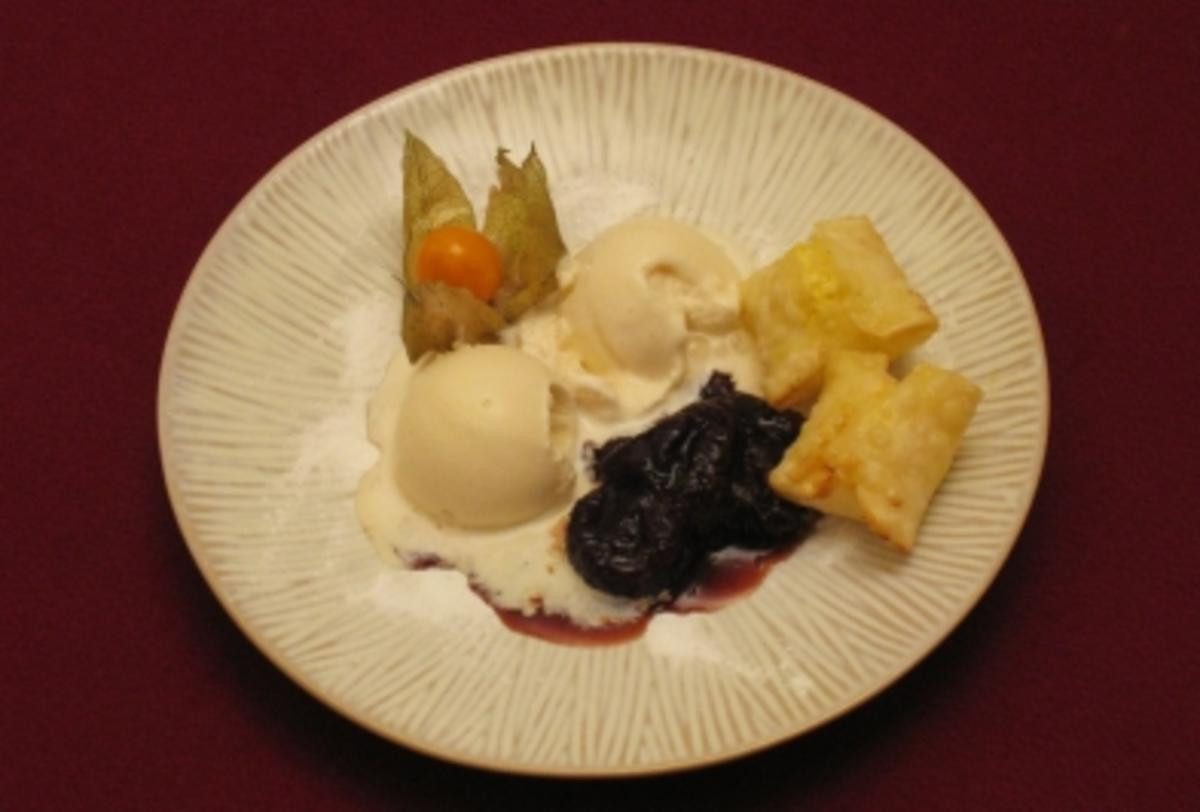 Gebackene Quarkravioli mit Armagnacpflaumen und Schokoladensorbet