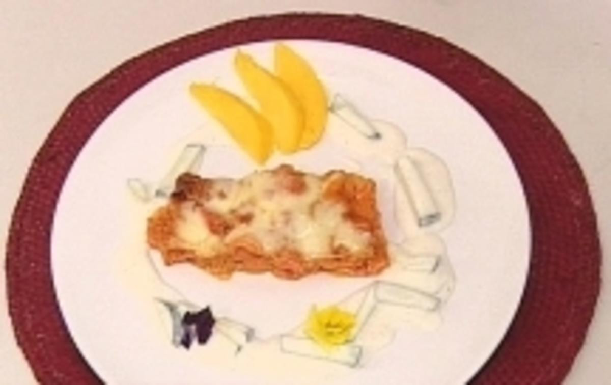 Tandoori-Chicken-Lasagne mit Joghurt-Gurken-Dip und Mango