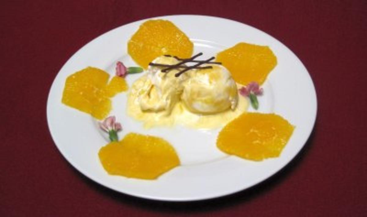 Orangencarpaccio mit Schuss an Pfirsich-Mango-Eis - Petit Amour