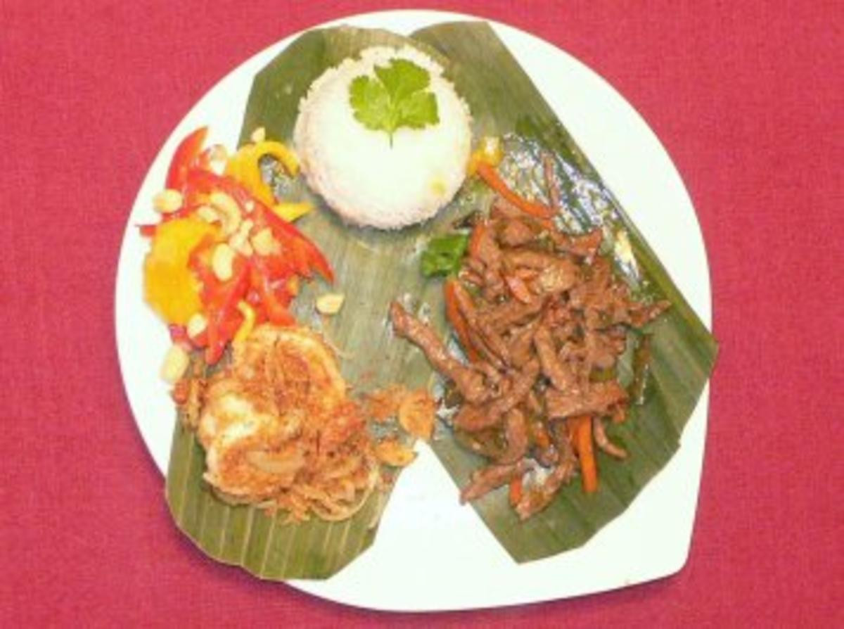 Rindfleisch nach \'Peng Art\' & Black-Tiger-Garnelen mit Jasminreis