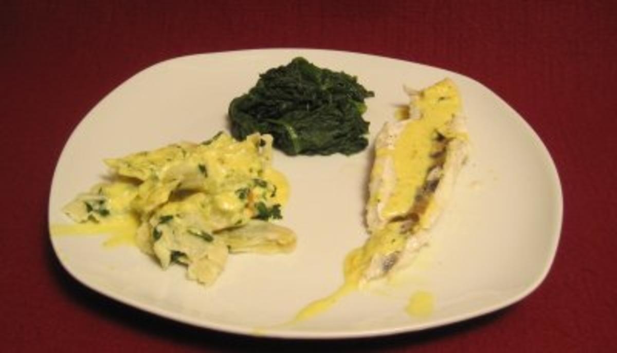 Gefüllte Tortellini mit Blattspinat und Zanderfilet