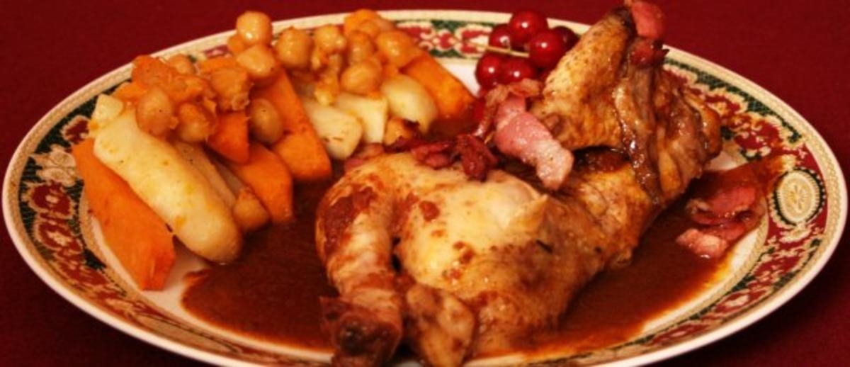 Geschmortes süßsaures Stubenküken mit Süßkartoffeln und weißen Rübchen