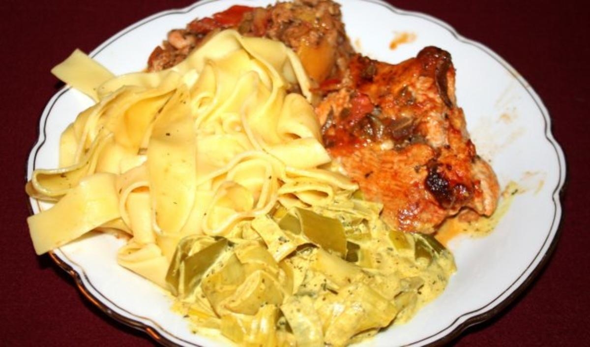 Putenschnitzel, Laucheintopf, Gemüsepfanne mit Thunfisch und Bandnudeln