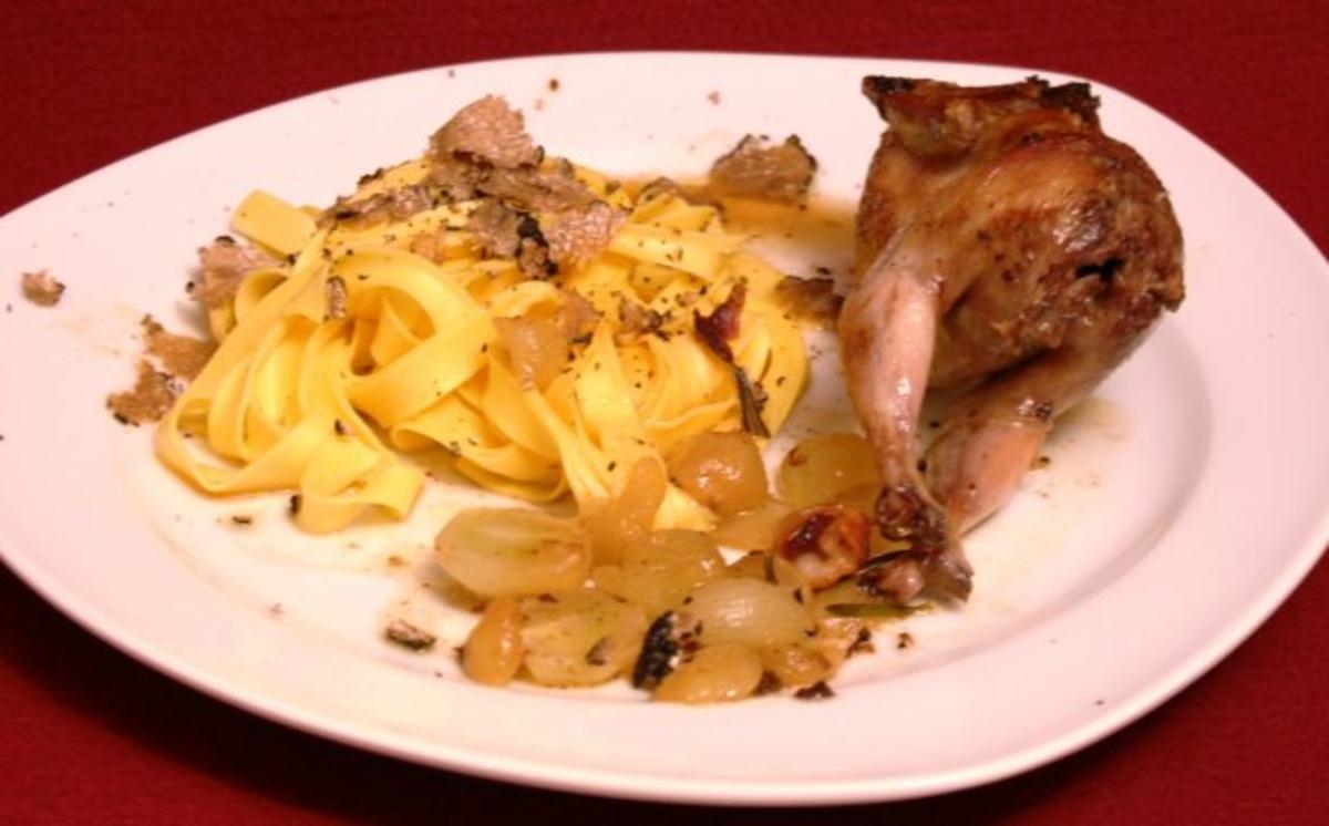 Gebratene Wachteln mit frischer Pasta und Trauben-Trüffel-Soße