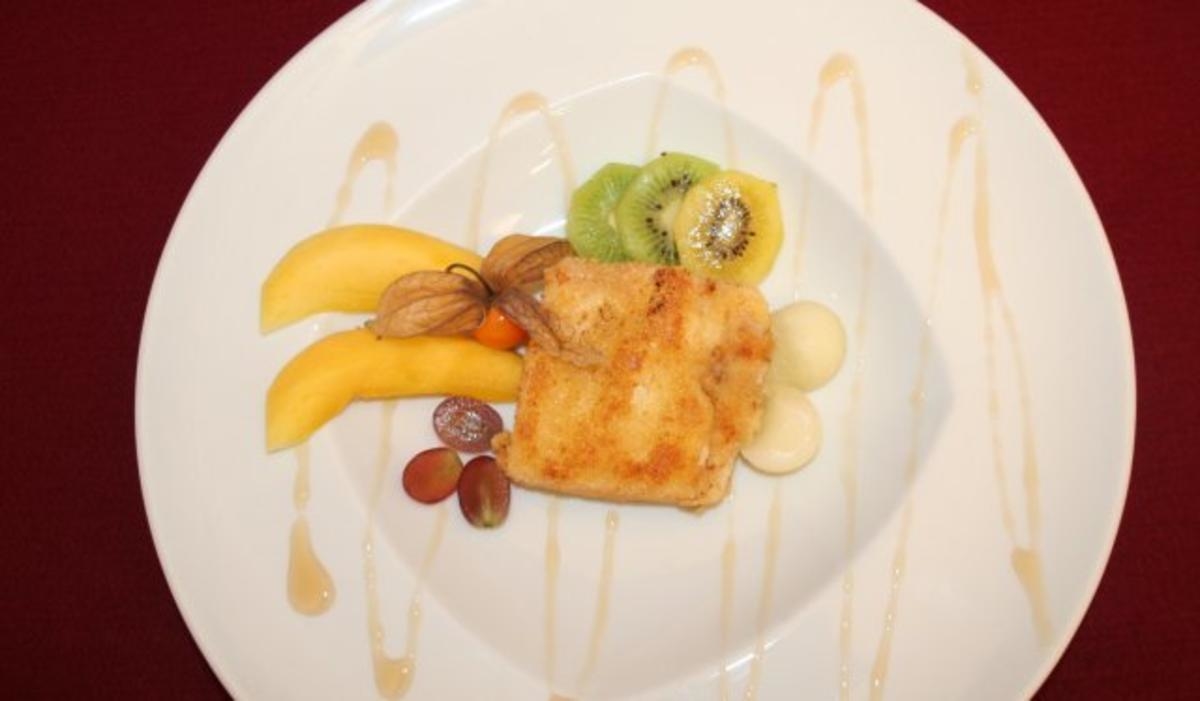 Leche frita con frutas