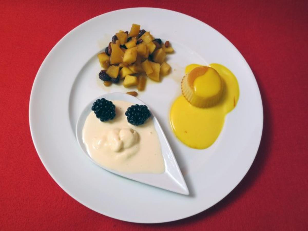 Bild zu: "Warmer Karamellkuchen mit Safran-Anglaise, Schmorapfel und Hanfeis"