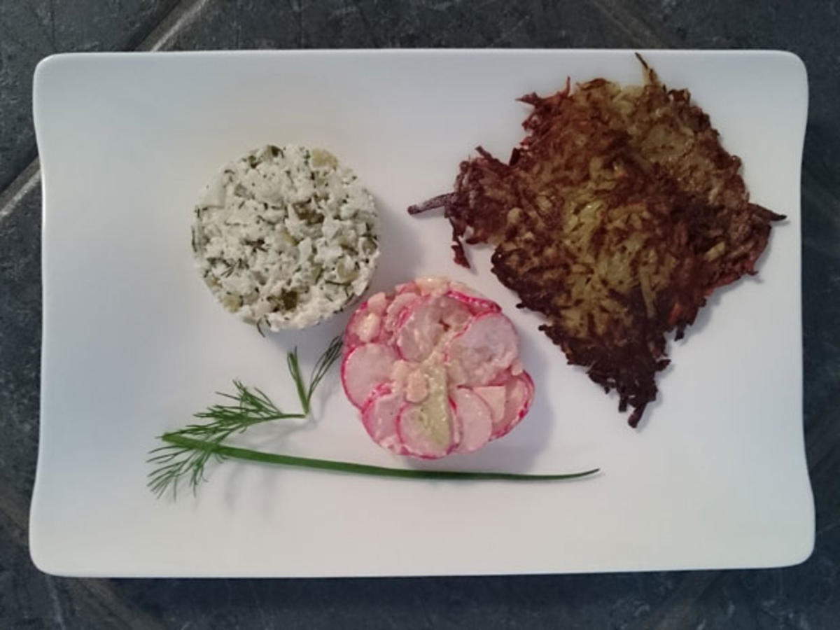Tatar von der Forelle, Apfel-Radieschen-Salat mit westfälischen Reibeküchlein