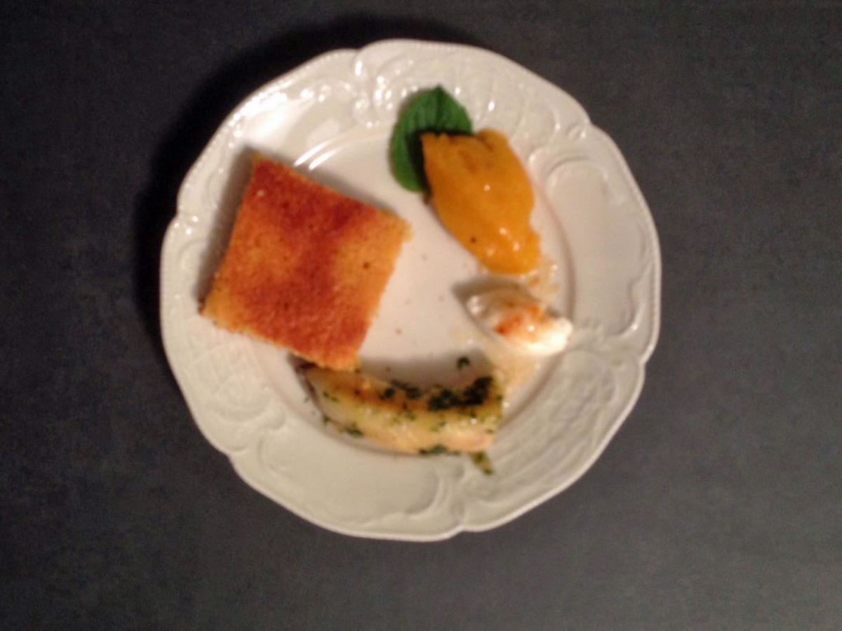 Zitronen-Polentakuchen, Mango-Granita, Banane mit Petersilie und Mascarpone-Dip