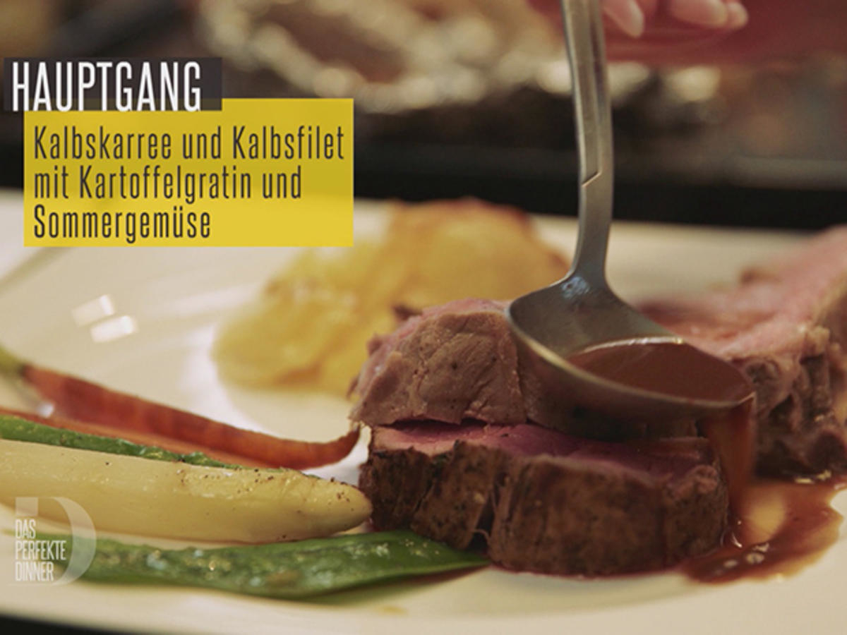 Kalbskarree und Kalbsfilet mit Kartoffelgratin und Sommergemüse