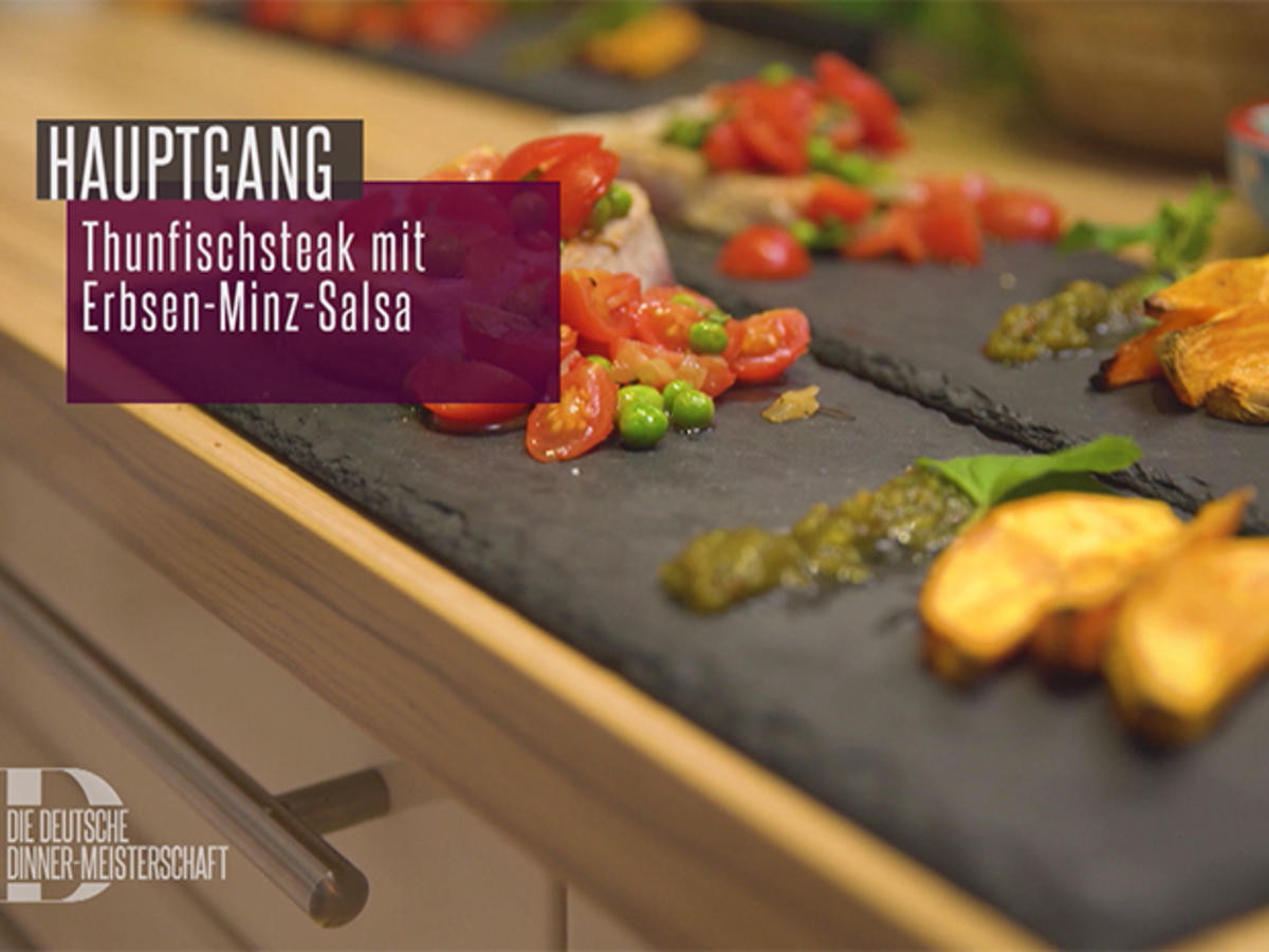 Thunfisch mit Erbsen-Minz-Salsa und Süßkartoffeln mit Nuss-Kräuter-Öl