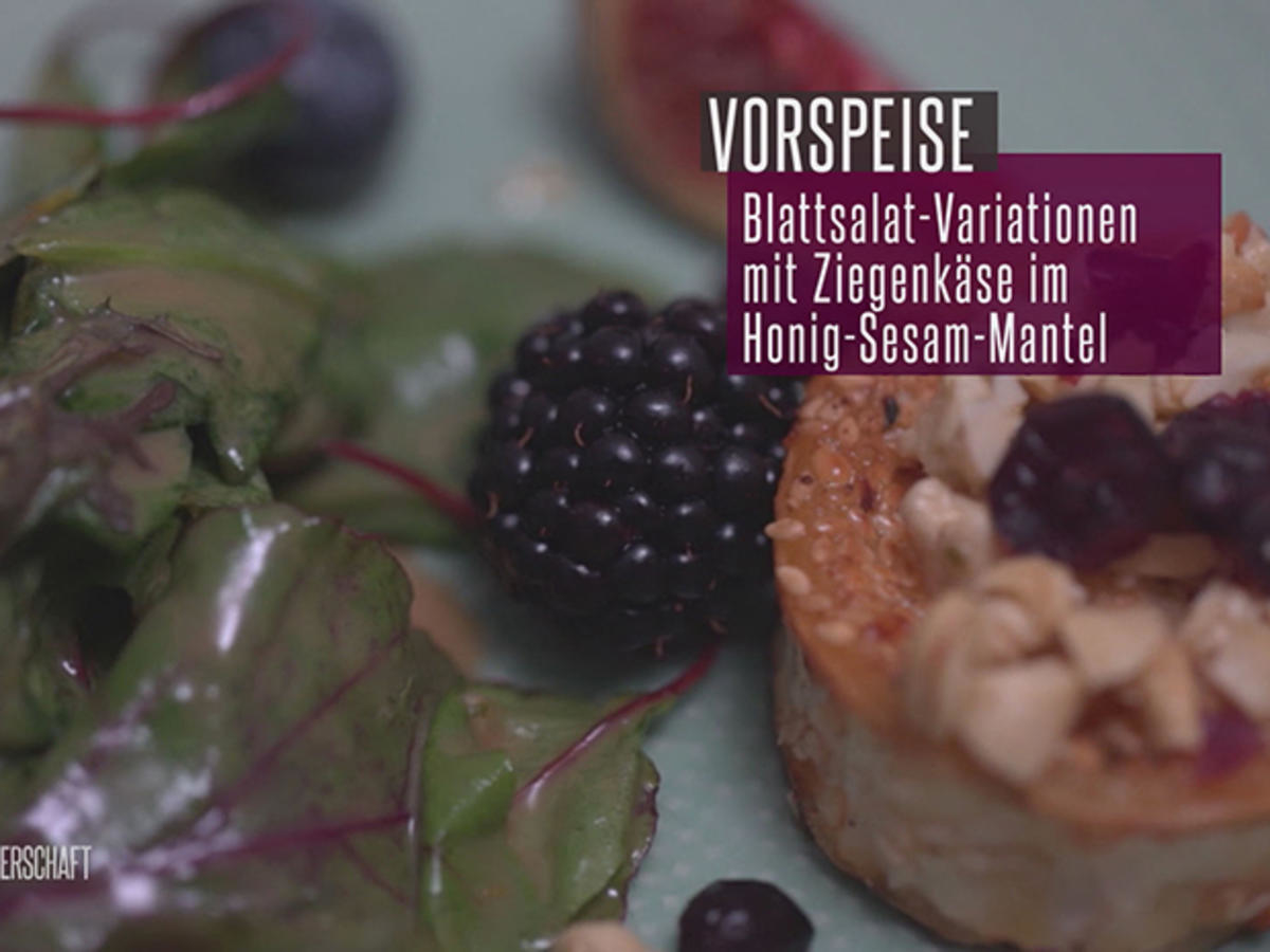Blattsalat-Wildkräuter-Variationen mit Ziegenkäse im Honig-Sesam-Mantel