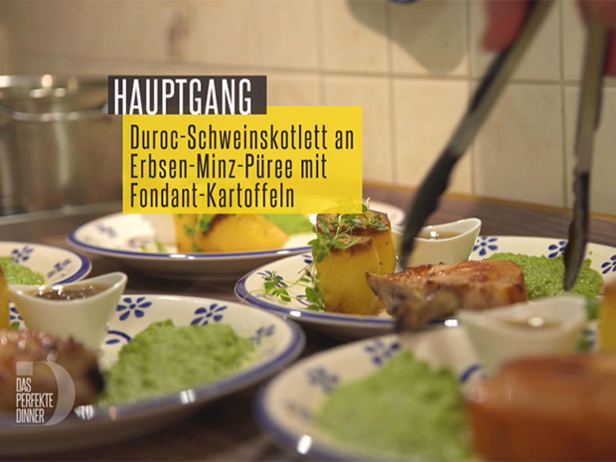 Duroc-Schweinskotelett an Erbsen-Minze-Püree mit Fondant-Kartoffeln