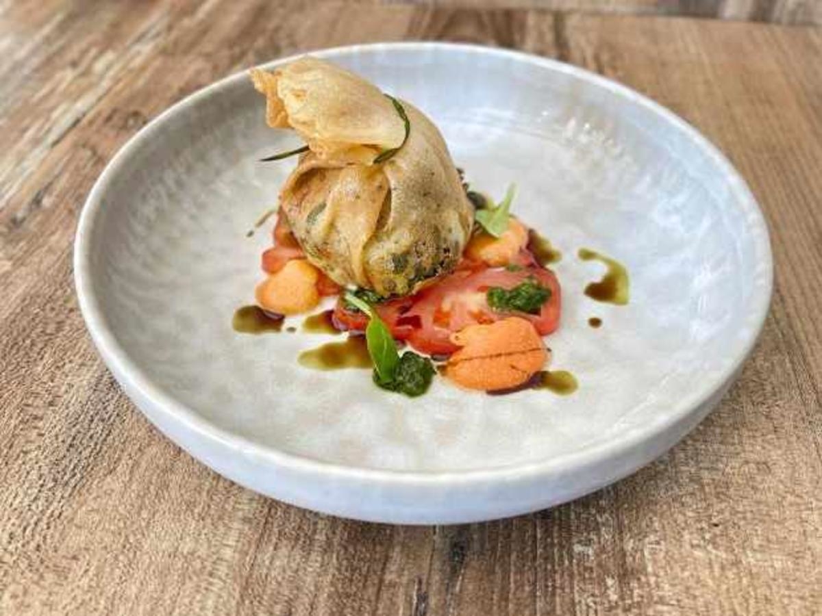 Kartoffel-Vogerlsalat im Brikteig mit Paradeiser-Creme (Amira Pocher)