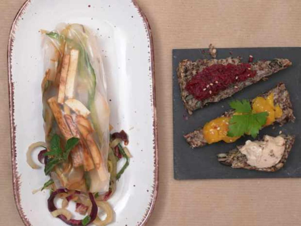 Sommerrollen auf Julienne-Gemüse mit Saatenbrot und Dreierlei Aufstrich