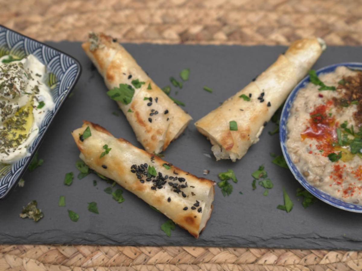Baba Ghanoush mit Burek und Labneh